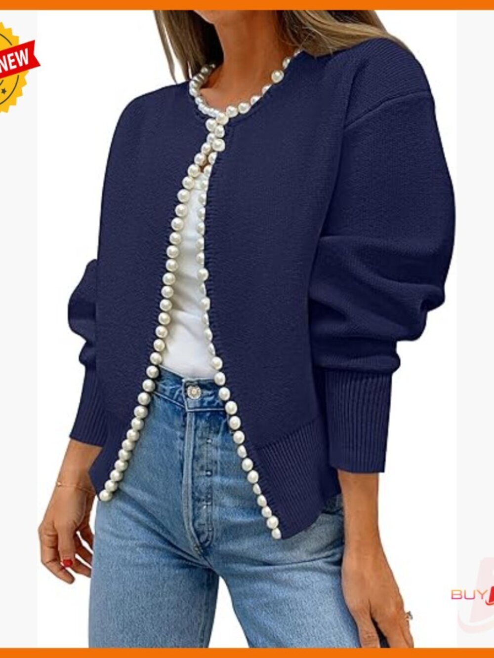 Open Front Cardigan Sweater with Pearl Trim, Knitted Long Sleeve Outerwear